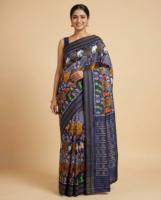 Navy Blue Ikkat Saree in Silk Katan - Rangoli India