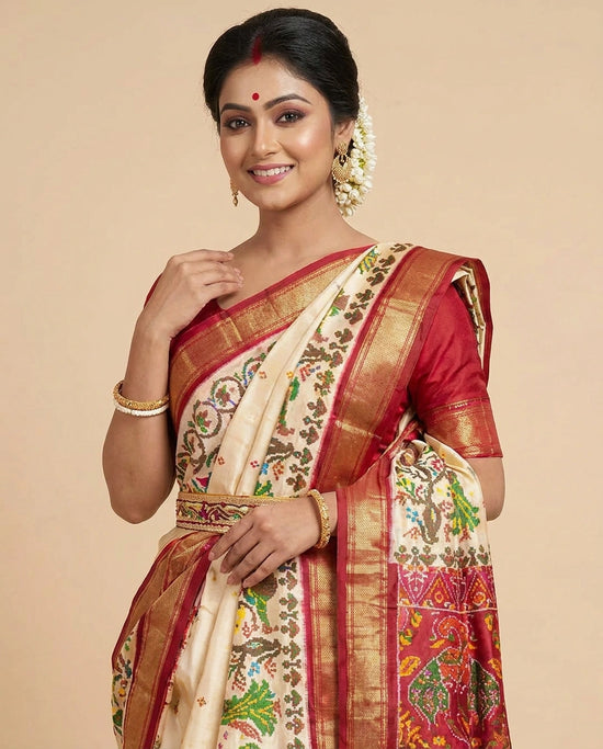 Off White Ikkat Saree with Red Silk Katan Border - Rangoli India