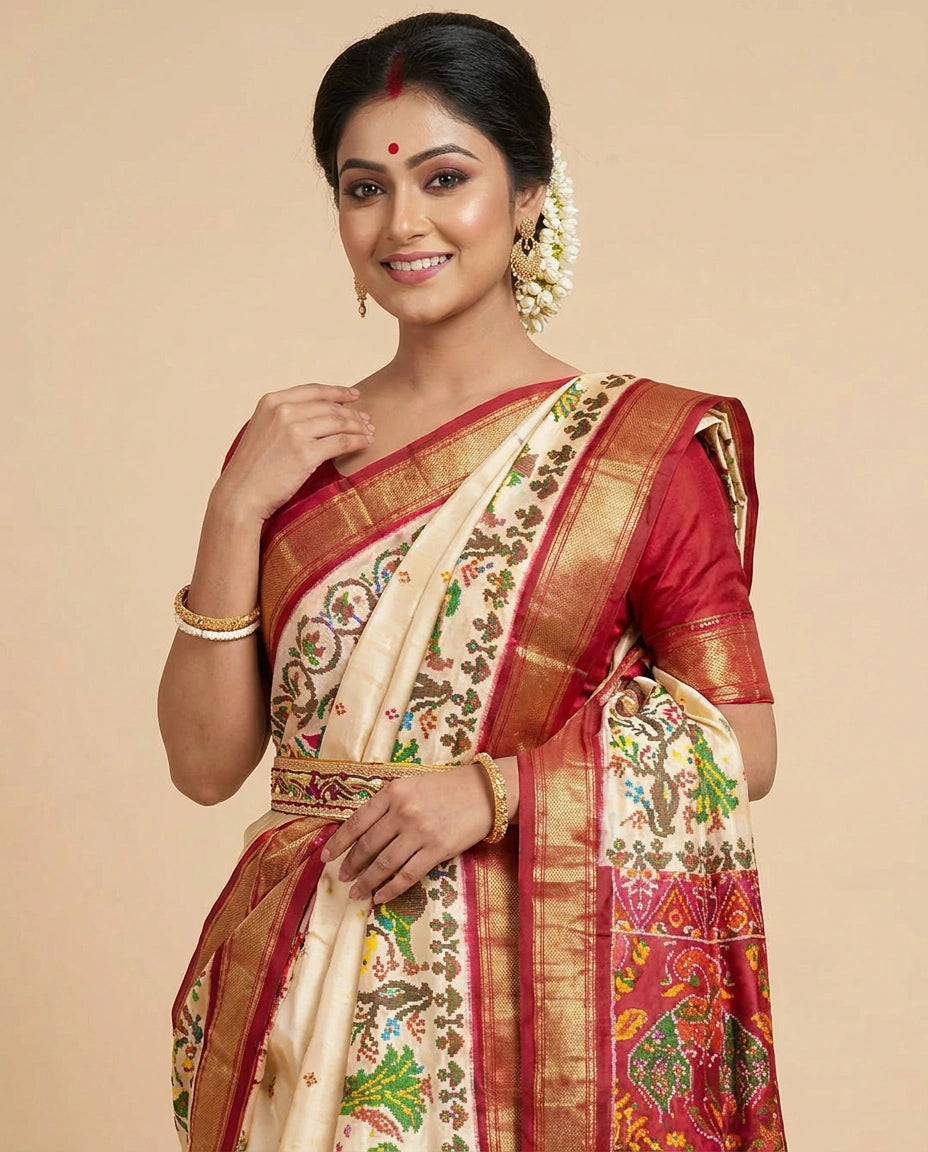 Off White Ikkat Saree with Red Silk Katan Border - Rangoli India