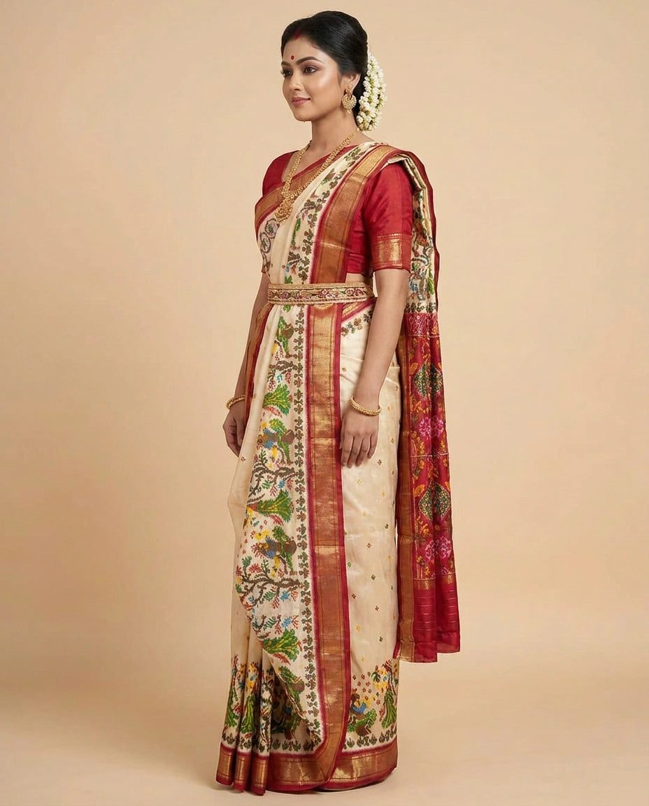 Off White Ikkat Saree with Red Silk Katan Border - Rangoli India
