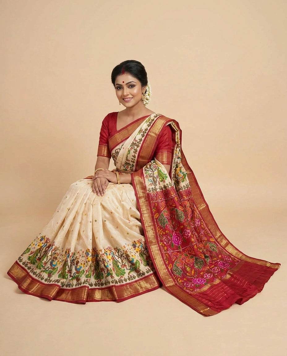 Off White Ikkat Saree with Red Silk Katan Border - Rangoli India