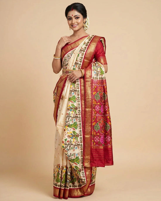 Off White Ikkat Saree with Red Silk Katan Border - Rangoli India