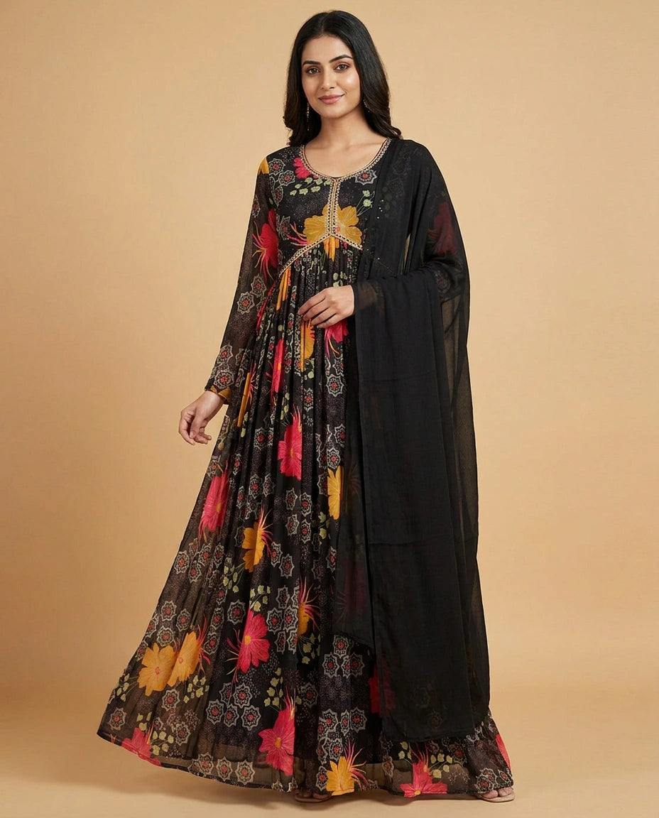 Black Chinon Side Slit Salwar Suit Set with Dupatta for Women
