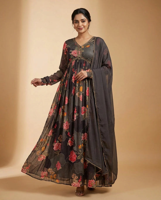 Chocolate Chinon Salwar Suit Set with Side Slit and Ethnic Detail