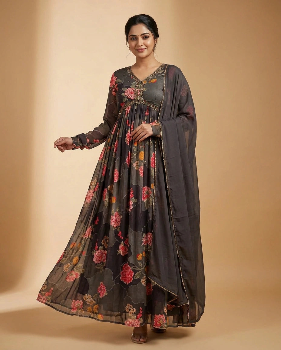 Chocolate Chinon Salwar Suit Set with Side Slit and Ethnic Detail