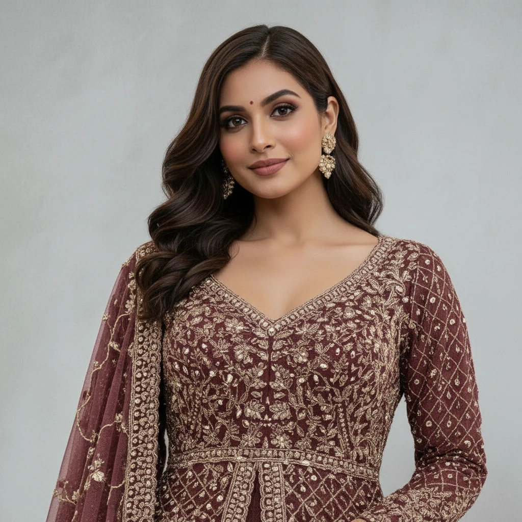 Woman wearing a maroon and gold traditional outfit with a plain background