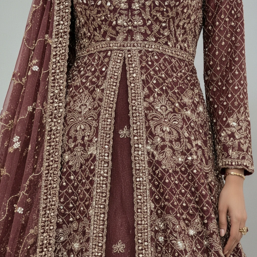 Close-up of a maroon embroidered garment with gold detailing on a gray background