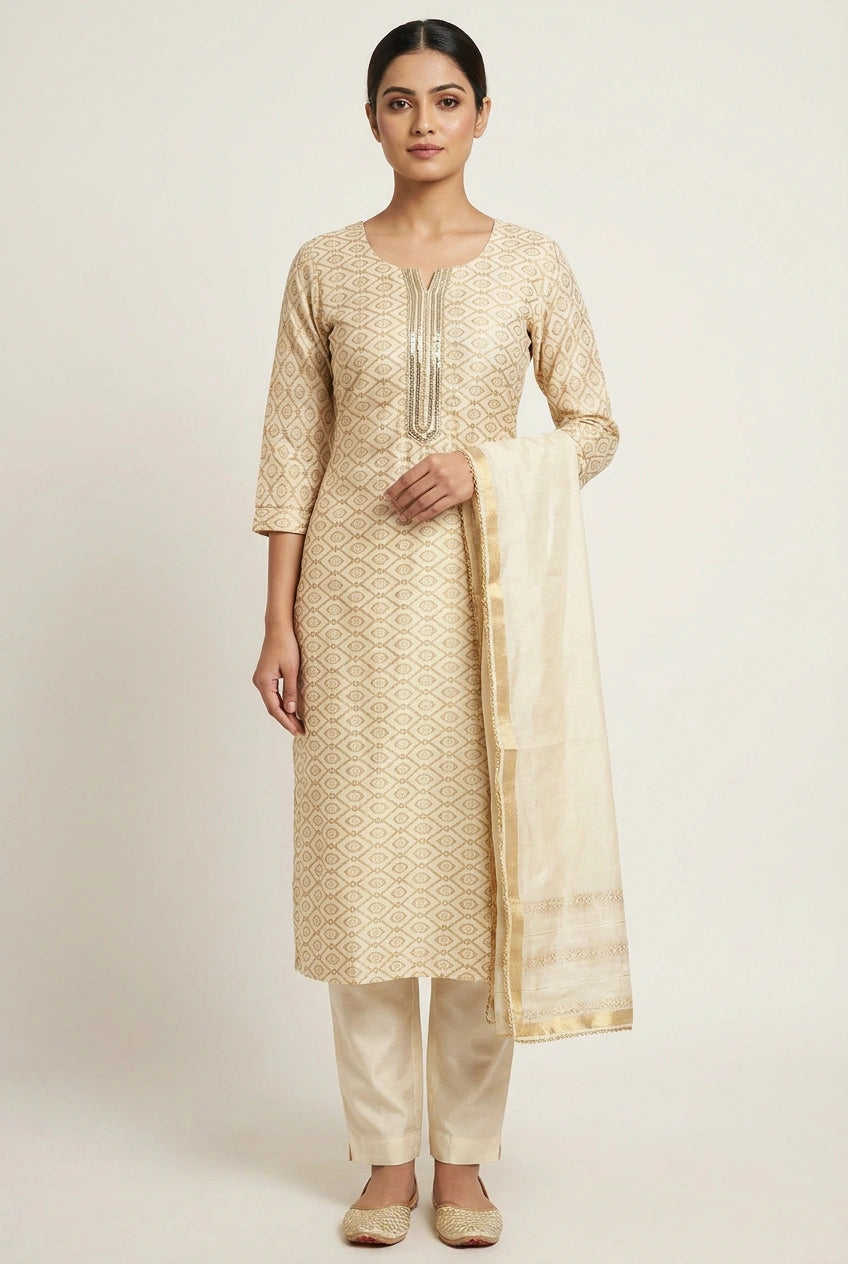 Off White Cotton Straight Suit for Festive Brunches