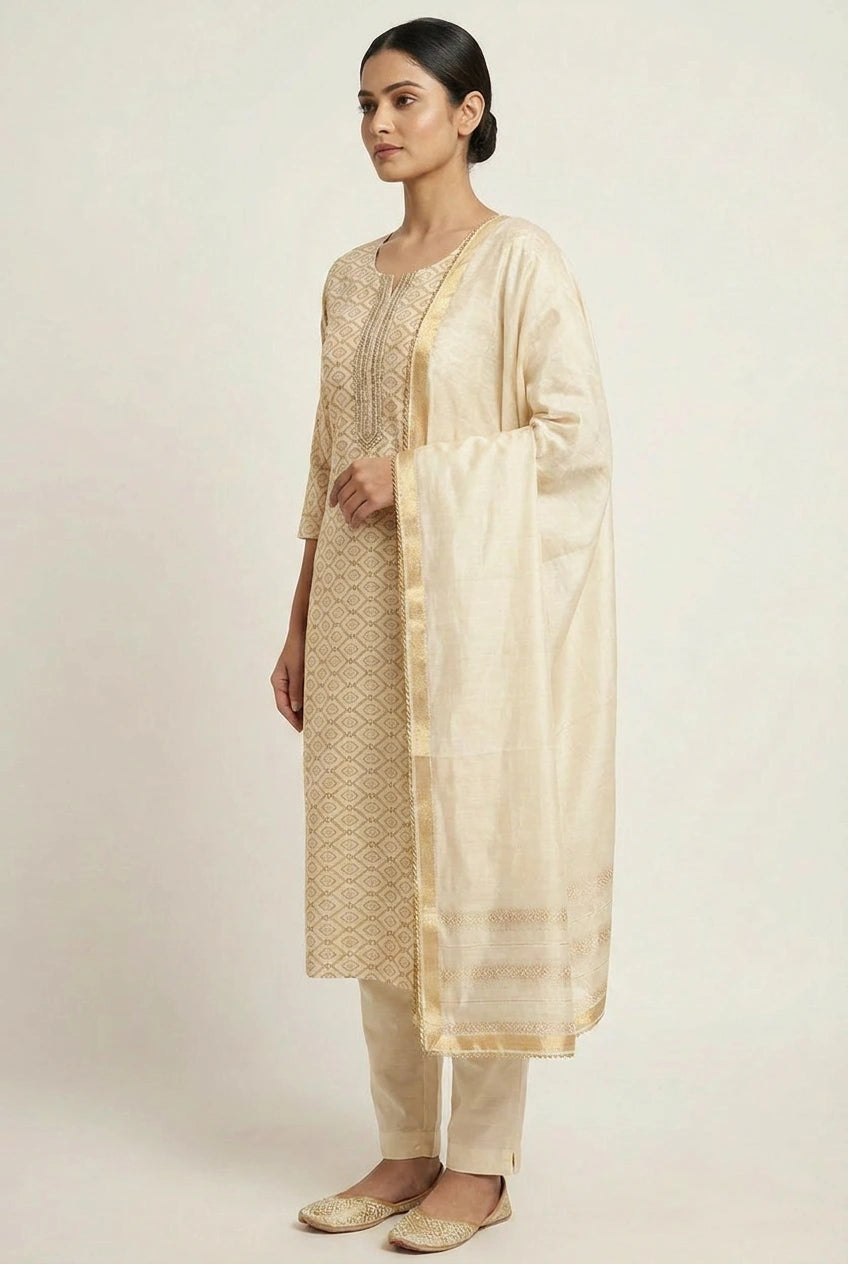 Off White Cotton Straight Suit for Festive Brunches