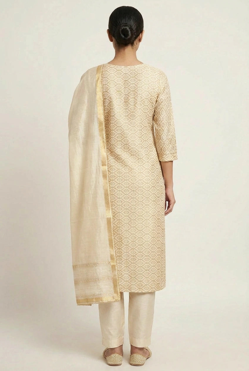 Off White Cotton Straight Suit for Festive Brunches