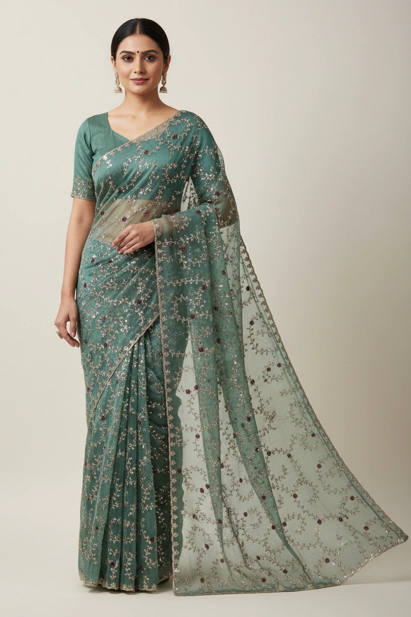 Designer Tissue Saree Embroidered Saree - Mustard | Rangoli