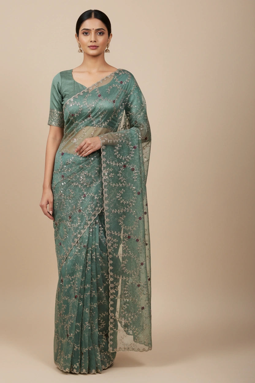 Designer Tissue Saree Embroidered Saree - Beige | Rangoli