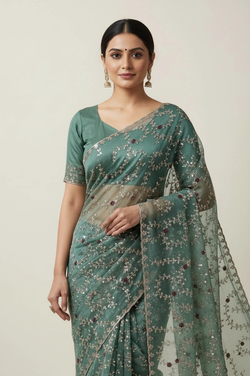 Designer Tissue Saree Embroidered Saree - Onion Pink | Rangoli