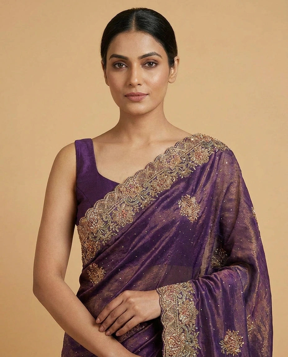 Tissue Saree with Foil Print and Sequin Work Online India - Rangoli India