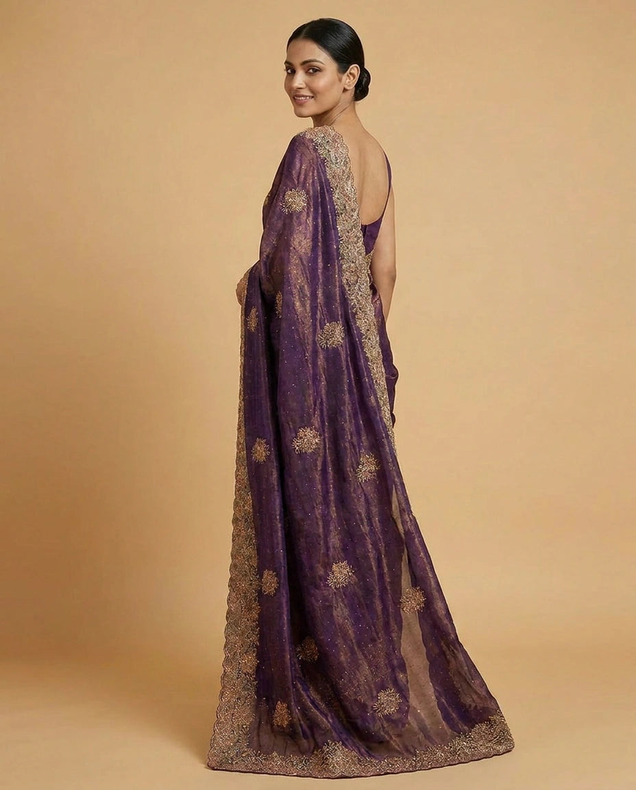 Tissue Saree with Foil Print and Sequin Work Online India - Rangoli India