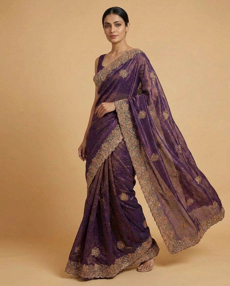 Tissue Saree with Foil Print and Sequin Work Online India - Rangoli India