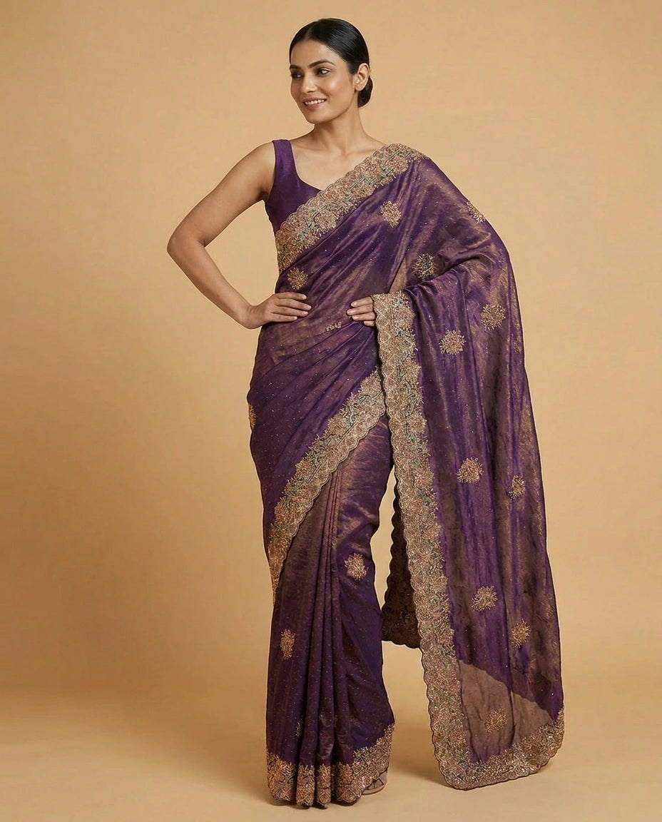 Tissue Saree with Foil Print and Sequin Work Online India - Rangoli India