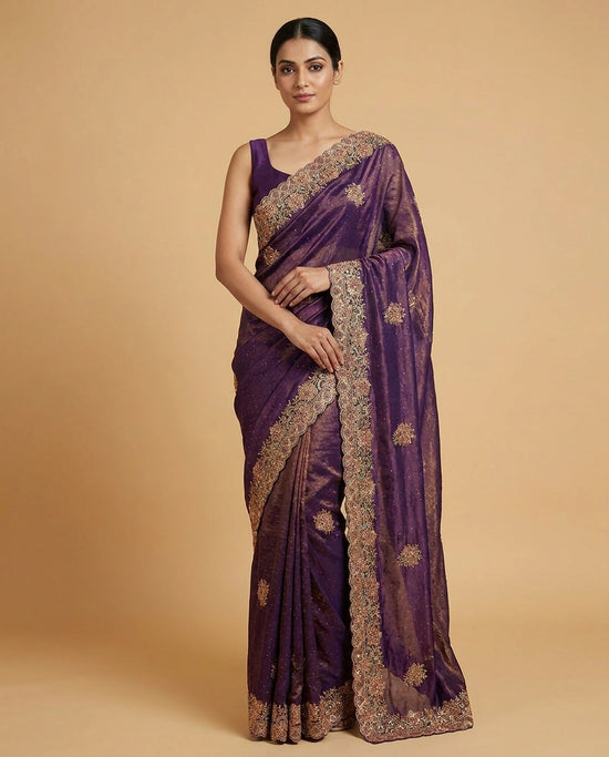 Tissue Saree with Foil Print and Sequin Work Online India - Rangoli India