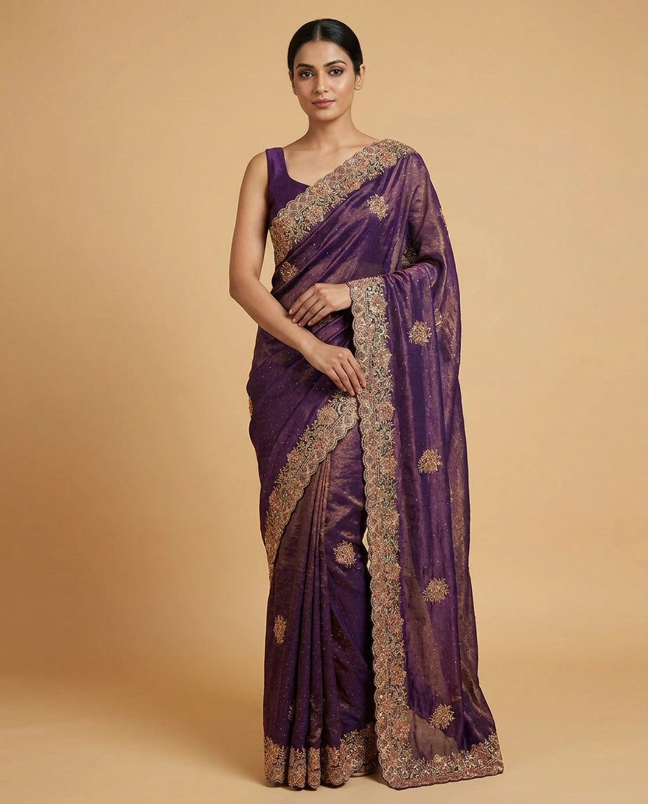 Tissue Saree with Foil Print and Sequin Work Online India - Rangoli India