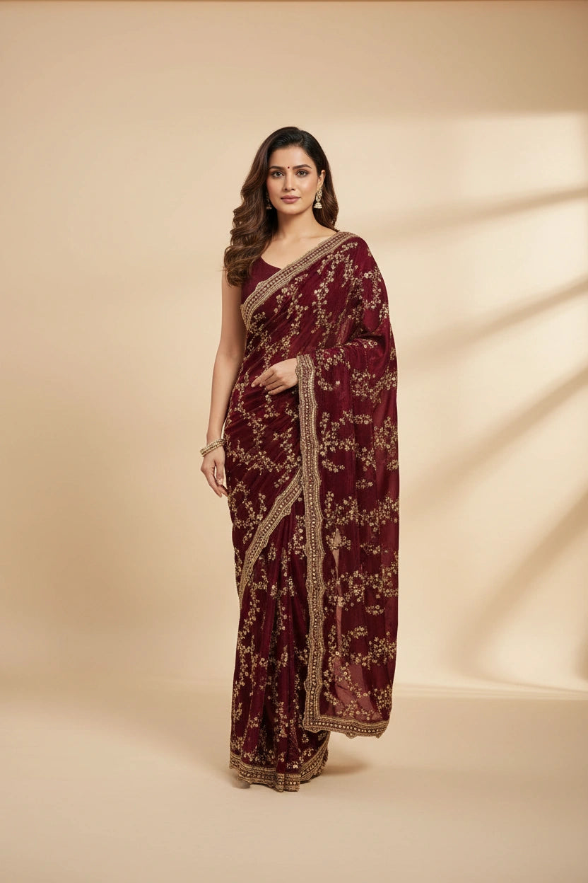 Handcrafted Satin Silk Embroidery Saree - Rangoli Sarees