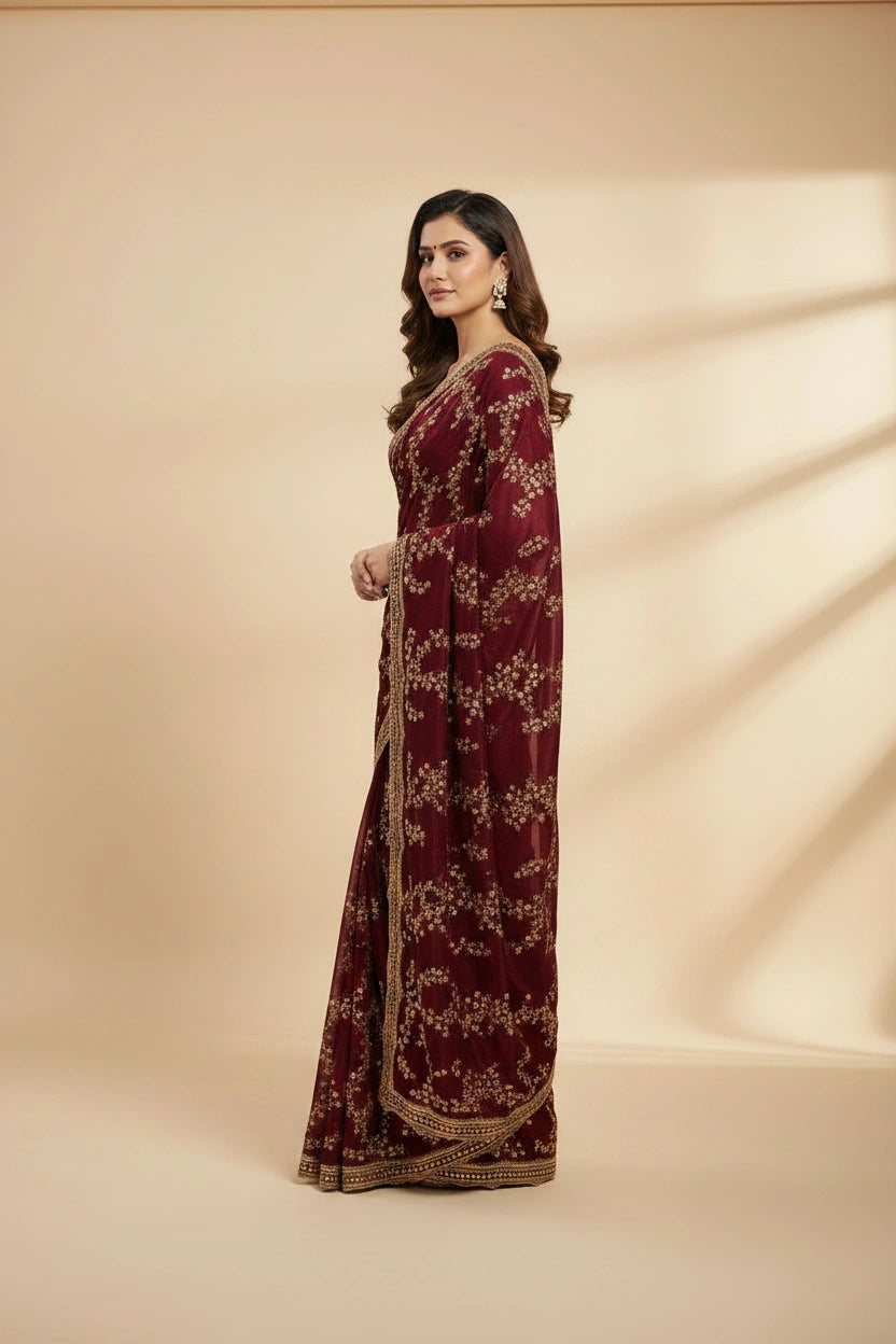 Handcrafted Satin Silk Embroidery Saree - satin; silk Indian ethnic wear by Rangoli