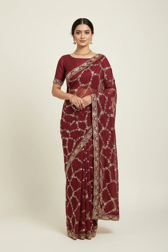 Designer Satin Embroidered Saree - Black | Rangoli