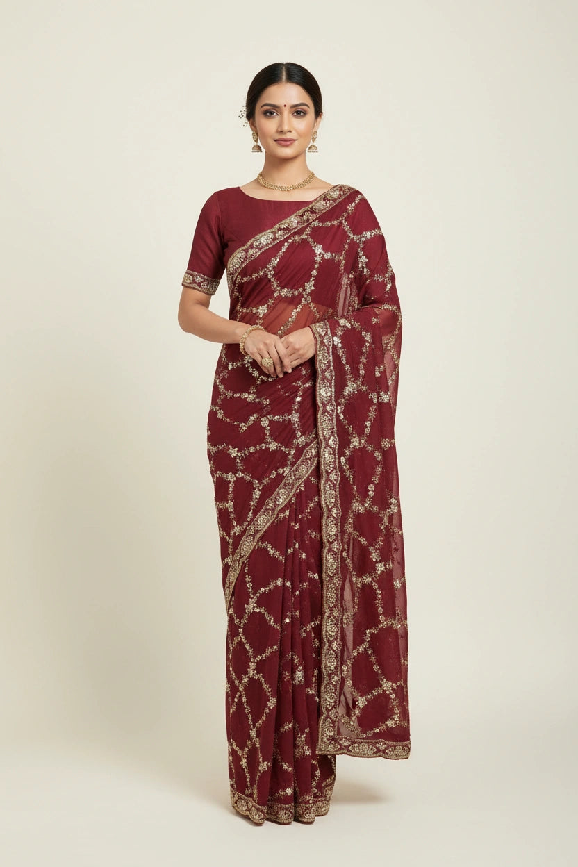 Designer Satin Embroidered Saree - Black | Rangoli