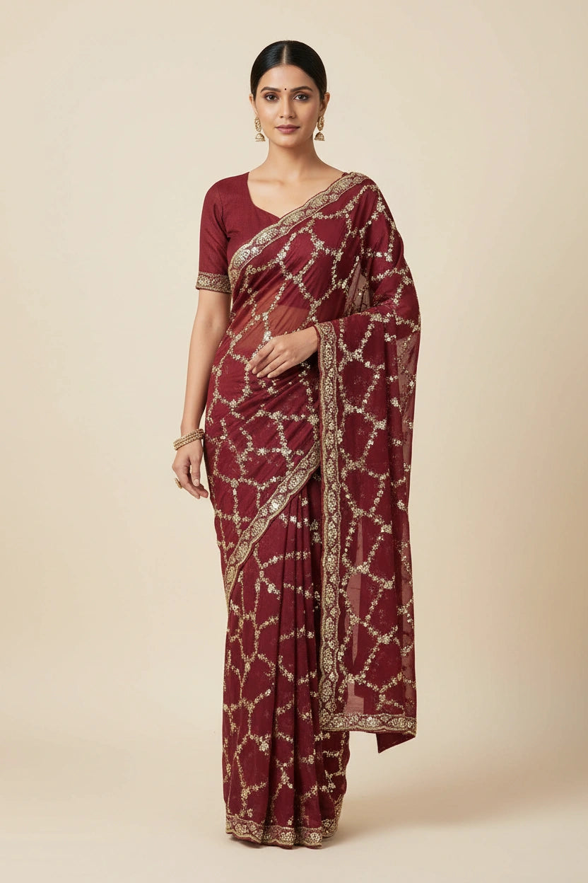 Designer Satin Embroidered Saree - Blue | Rangoli