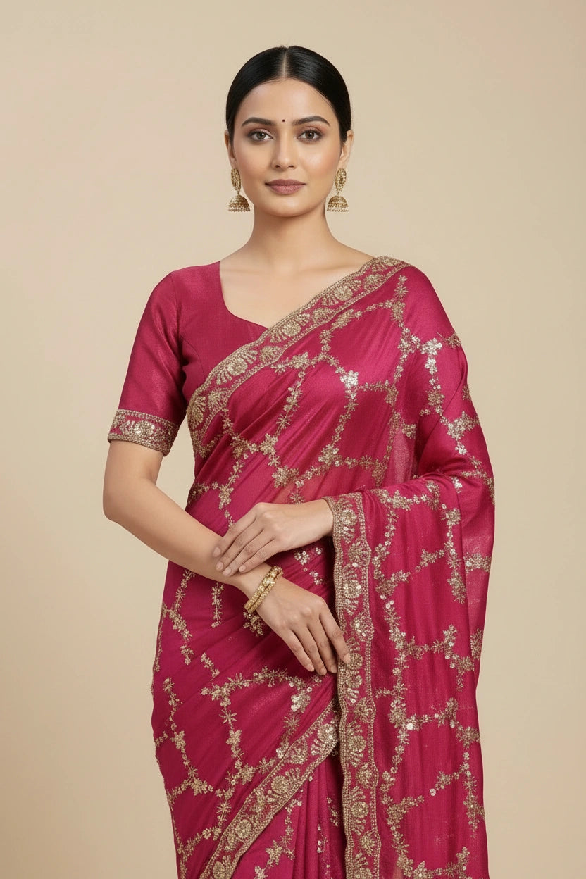 Embroidered Satin Silk Saree with Glossy Woven Finish