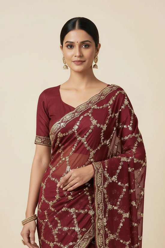 Designer Satin Embroidered Saree - Red | Rangoli