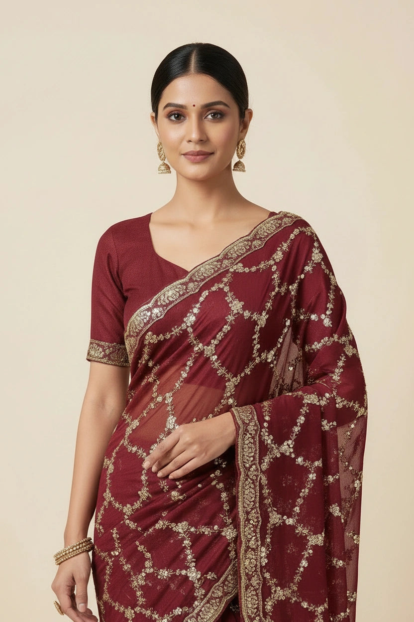 Designer Satin Embroidered Saree - Red | Rangoli