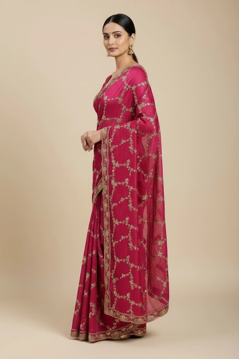 Embroidered Satin Silk Saree with Glossy Woven Finish