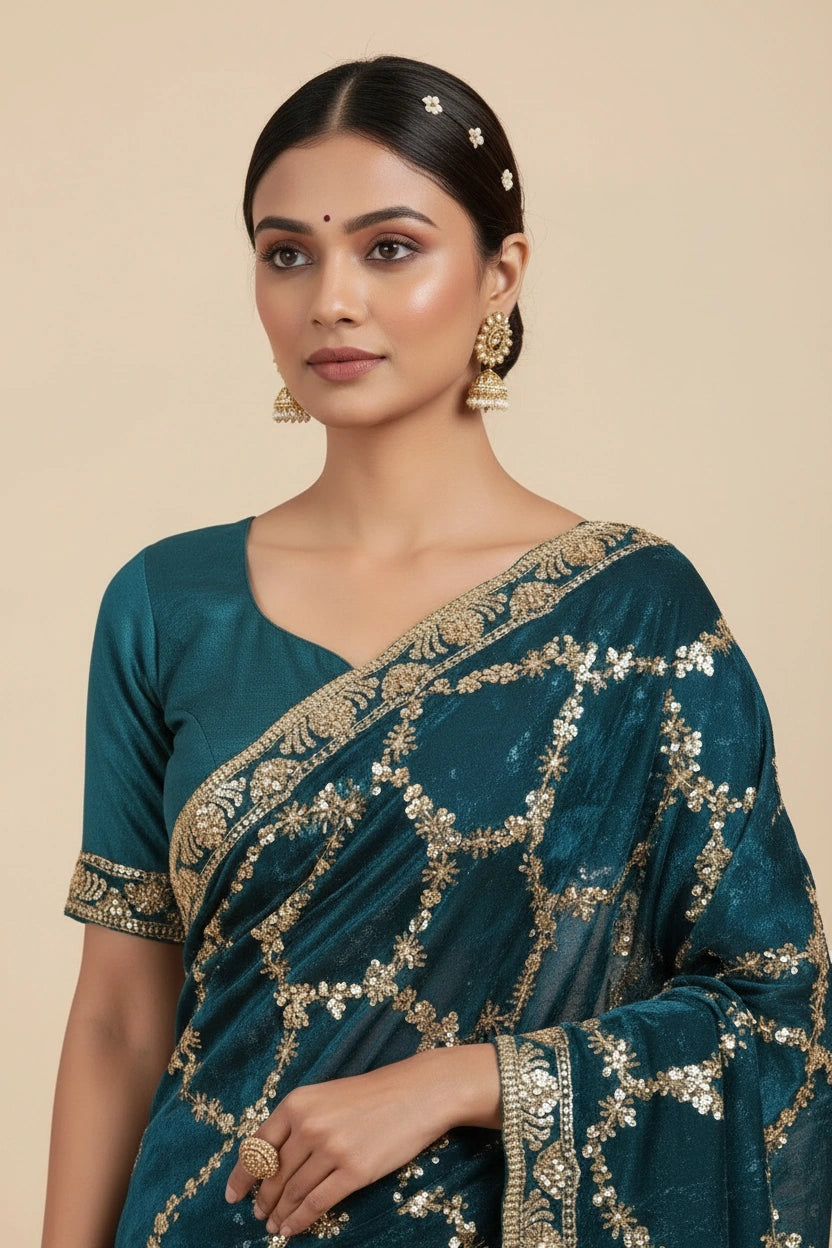 Designer Satin Embroidered Saree - Rani | Rangoli