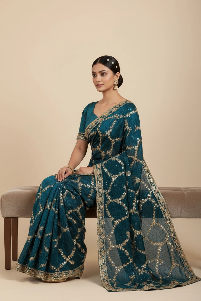 Designer Satin Embroidered Saree - Peacock Blue | Rangoli