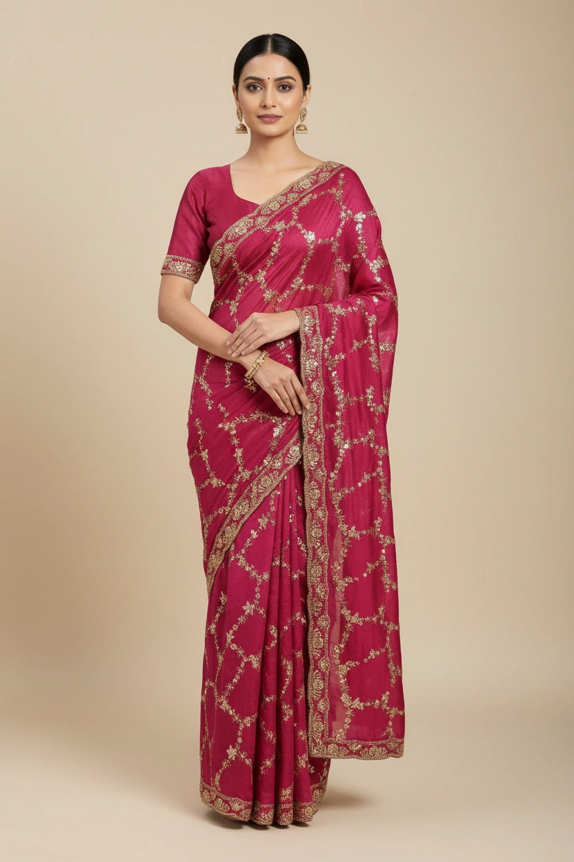 Embroidered Satin Silk Saree with Glossy Woven Finish