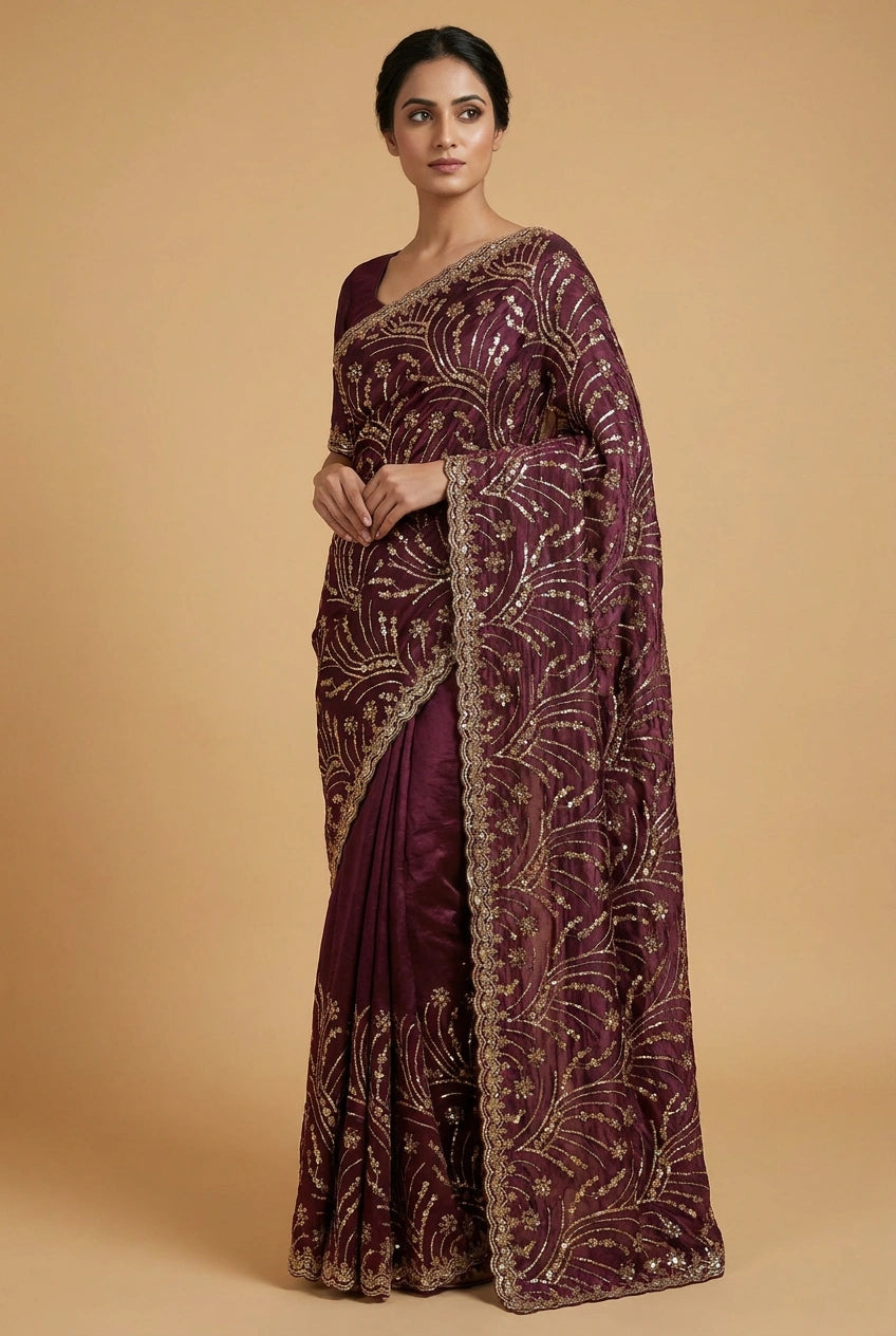 Peacock Blue Satin Embroidered Saree for Festive Events