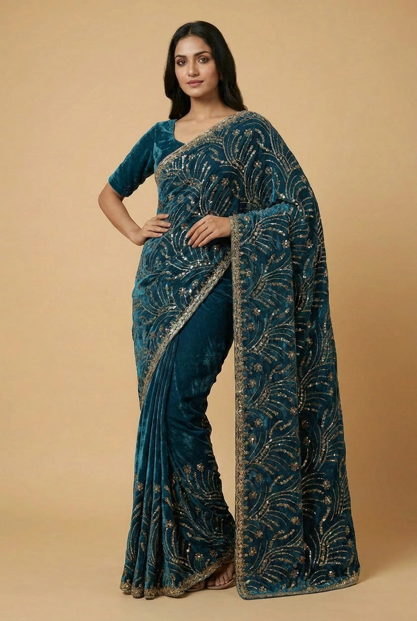 Peacock Blue Satin Embroidered Saree for Festive Events