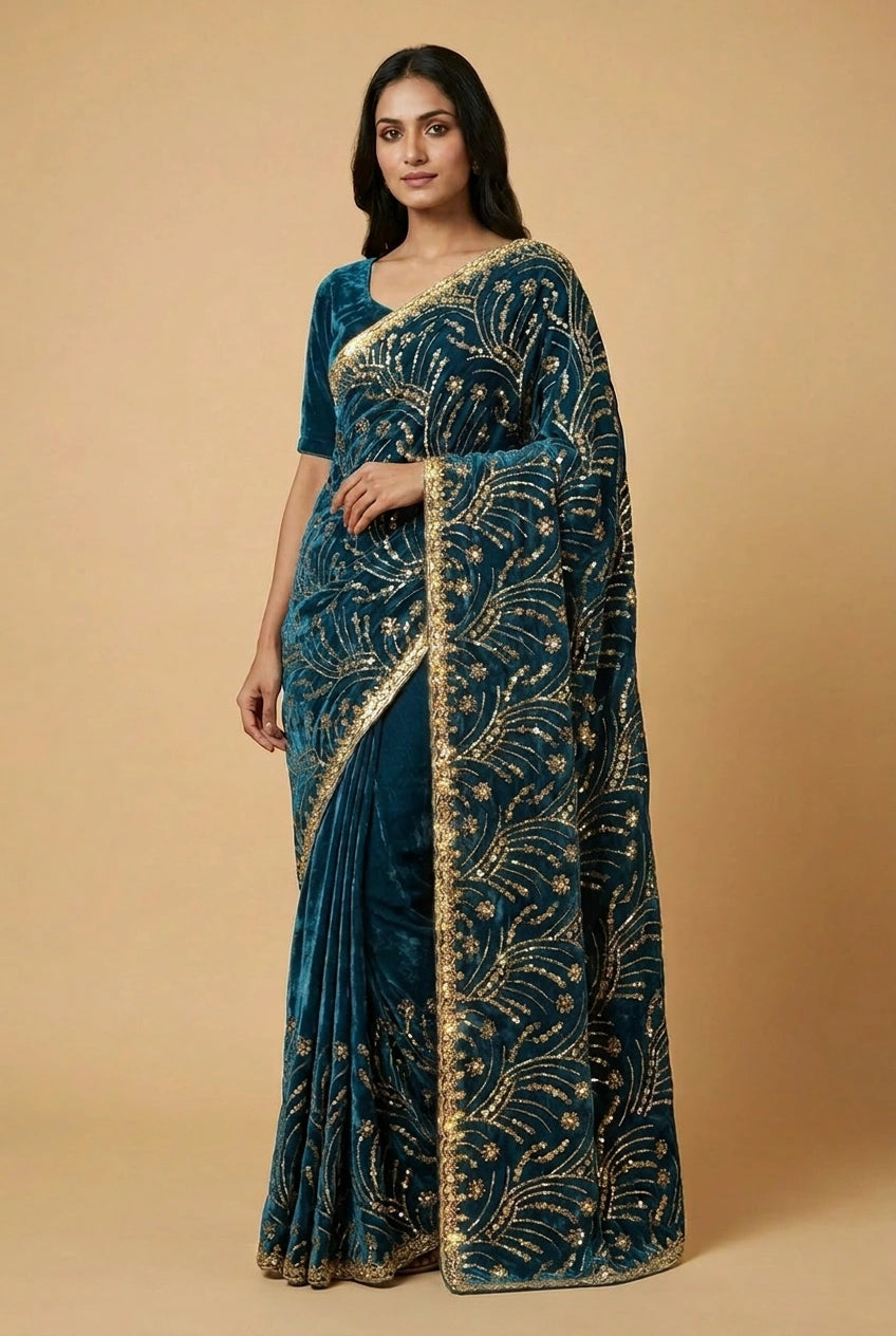 Peacock Blue Satin Embroidered Saree for Festive Events