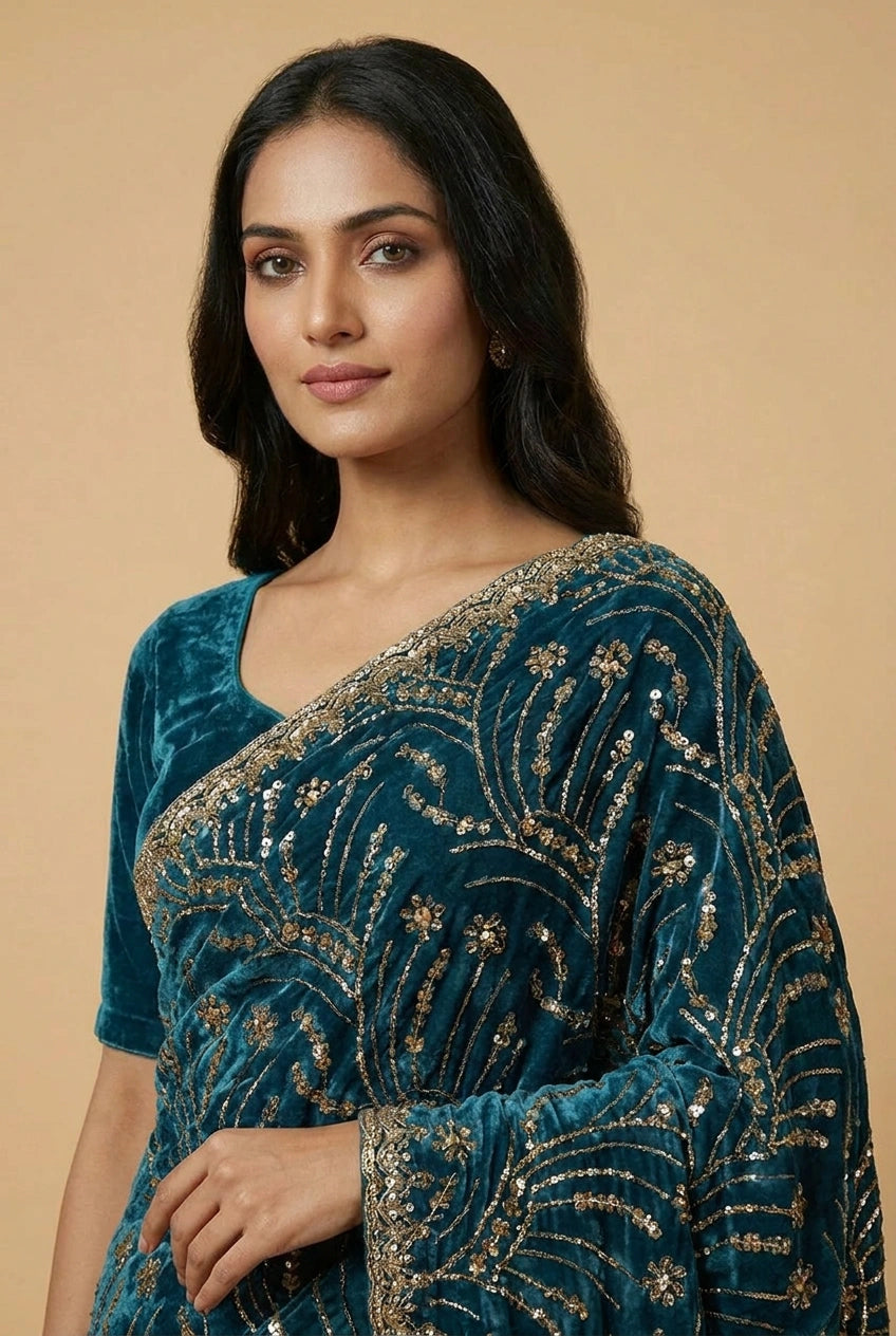 Peacock Blue Satin Embroidered Saree for Festive Events