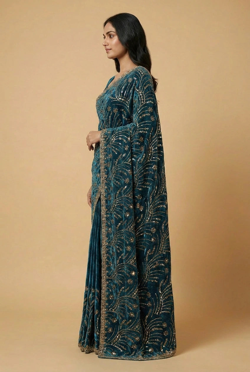 Peacock Blue Satin Embroidered Saree for Festive Events