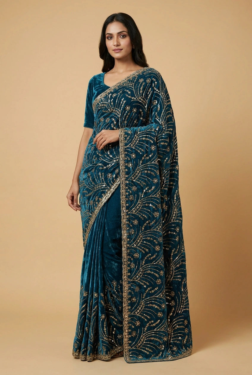 Peacock Blue Satin Embroidered Saree for Festive Events