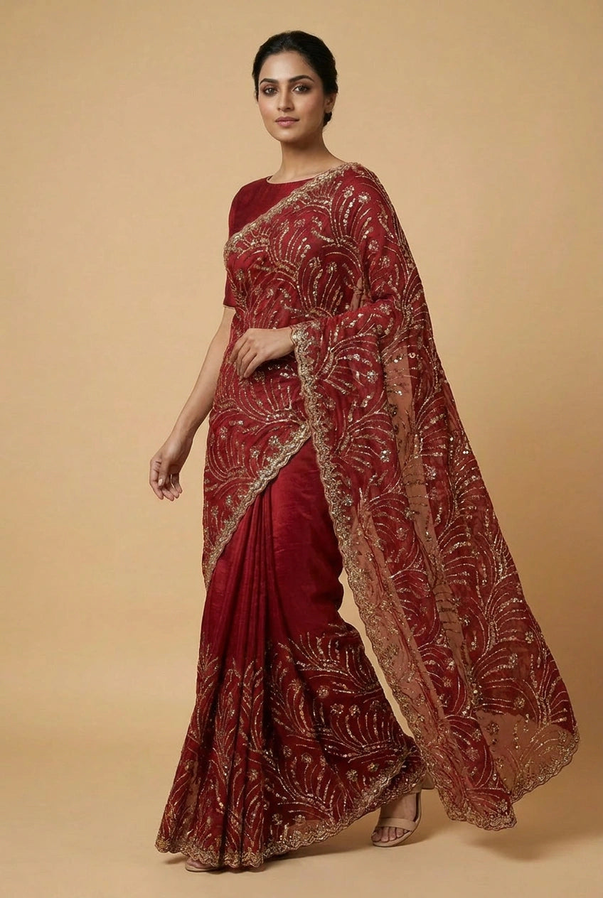 Peacock Blue Satin Embroidered Saree for Festive Events