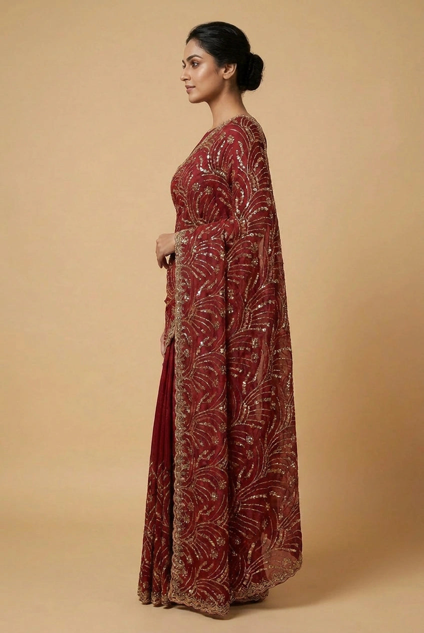 Peacock Blue Satin Embroidered Saree for Festive Events