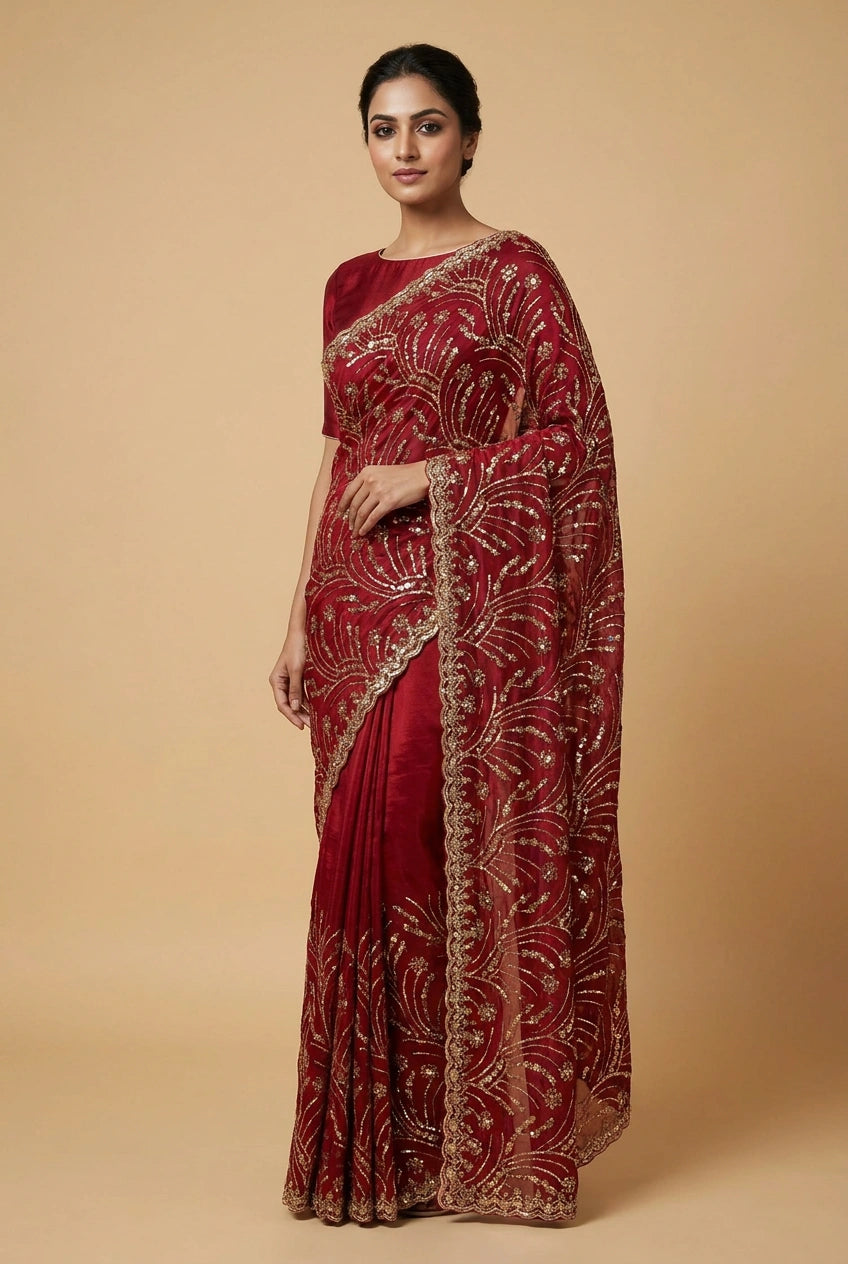 Peacock Blue Satin Embroidered Saree for Festive Events