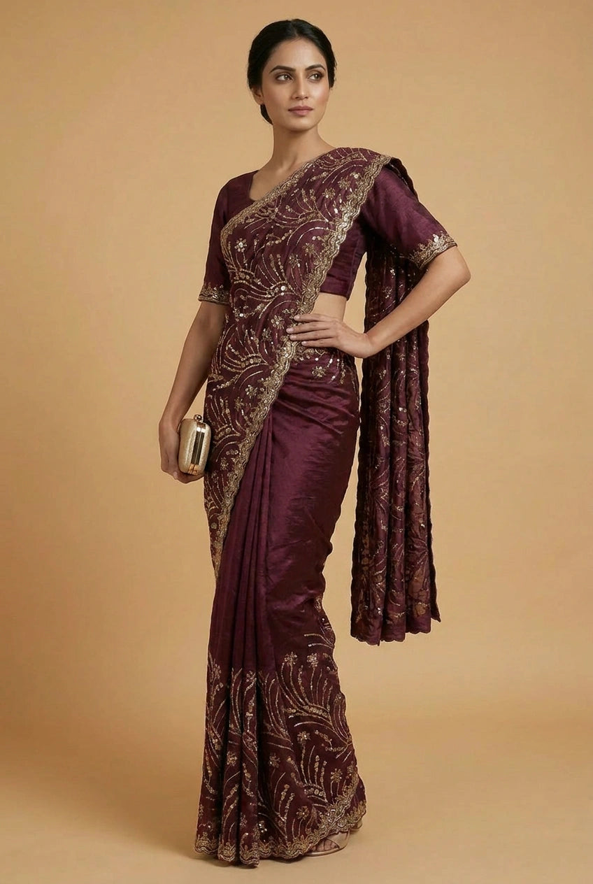 Peacock Blue Satin Embroidered Saree for Festive Events