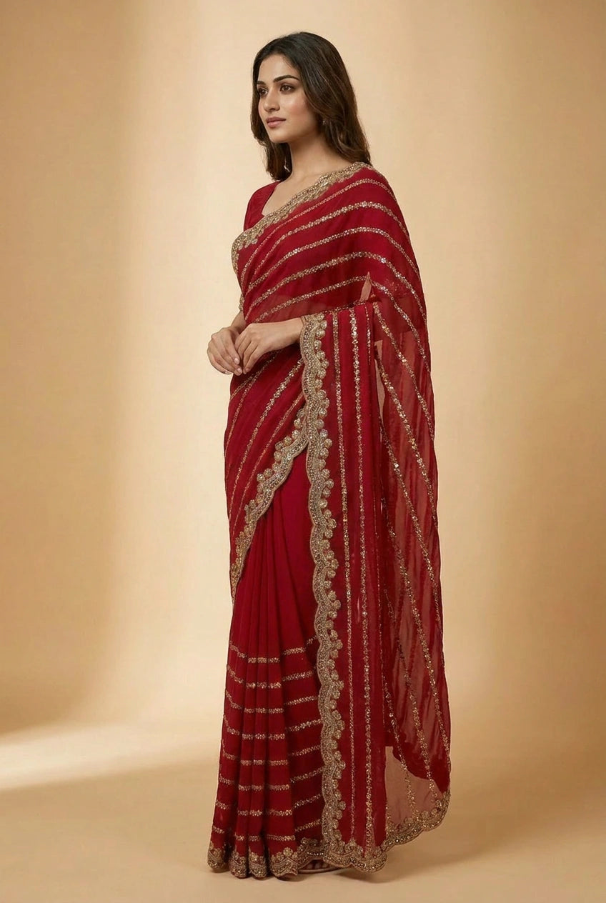 Red and Rani Satin Embroidered Saree for Celebrations