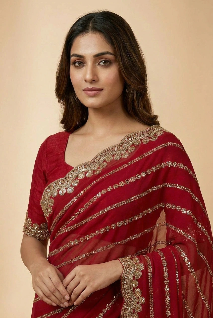 Red and Rani Satin Embroidered Saree for Celebrations