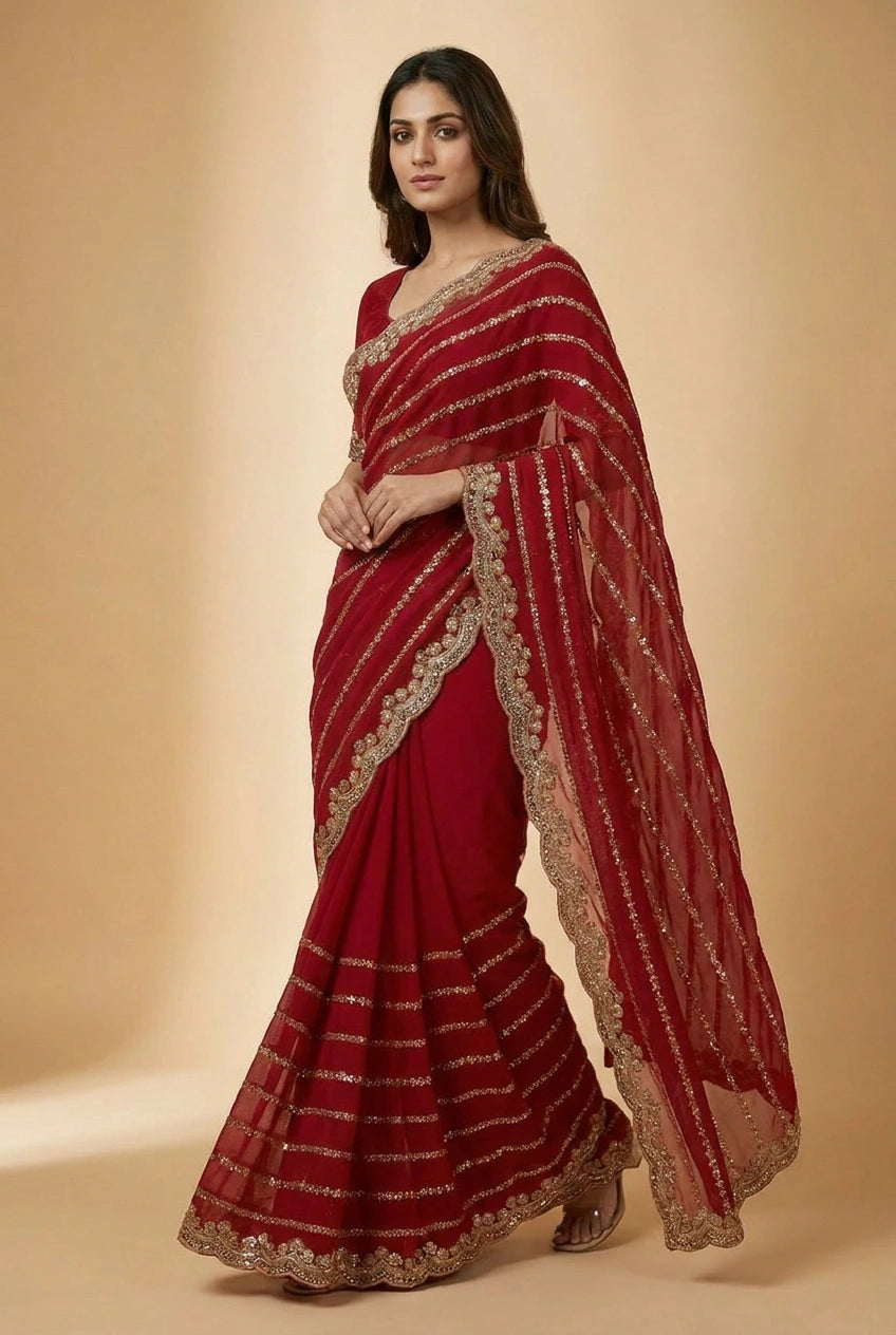 Red and Rani Satin Embroidered Saree for Celebrations