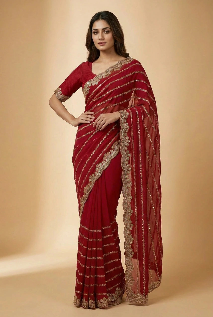 Red and Rani Satin Embroidered Saree for Celebrations