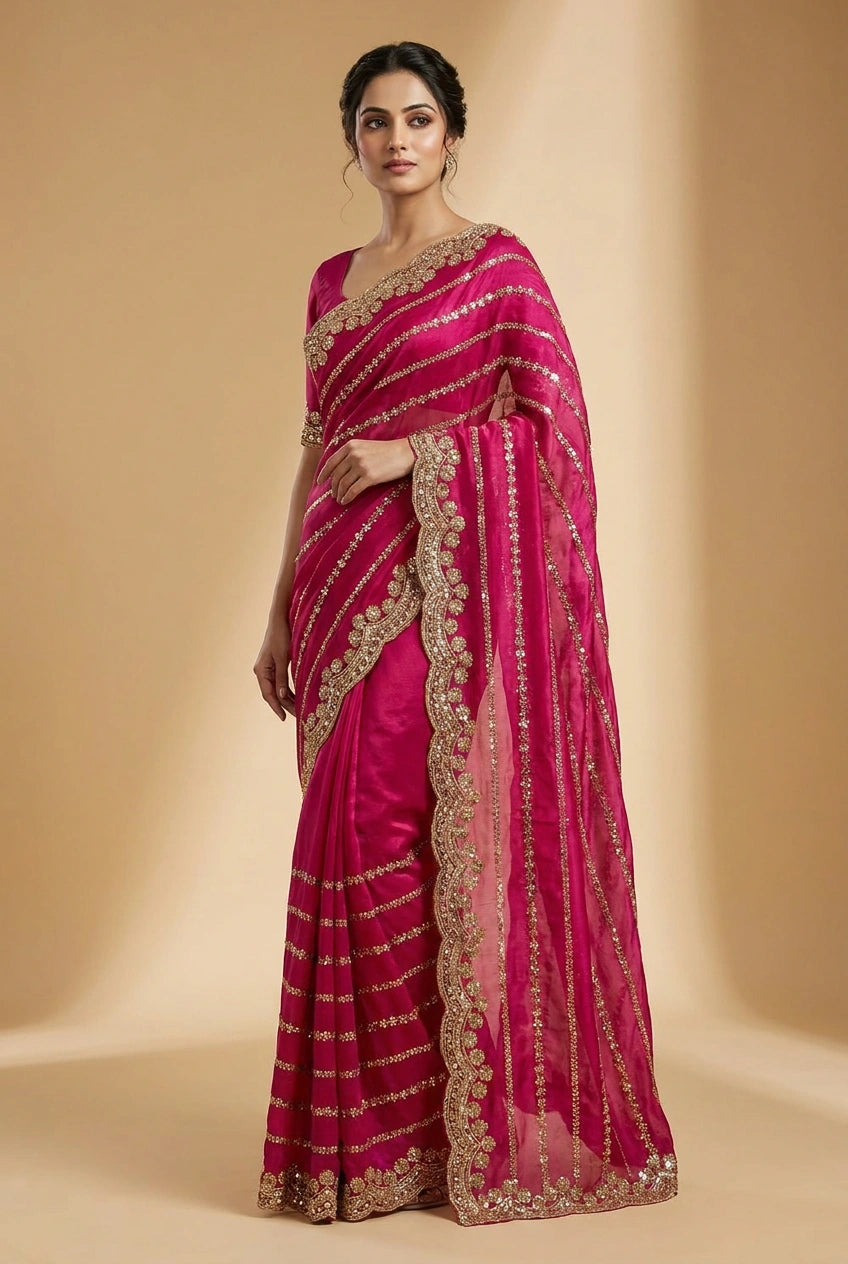 Red and Rani Satin Embroidered Saree for Celebrations